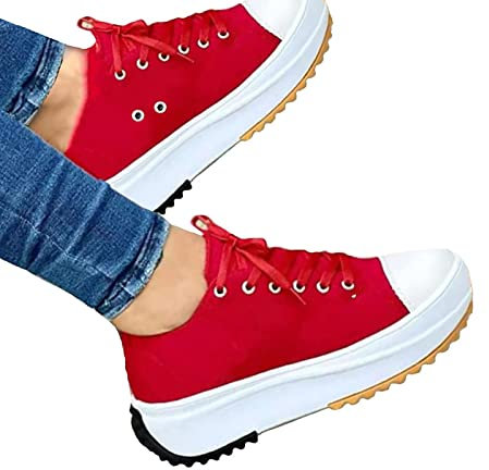 Zapatillas de lona bajas 2022 para mujer, zapatos de lona de plataforma para mujer, zapatillas casuales de moda de color sólido con cordones para primavera y verano (tamaño: 10, color: rojo)