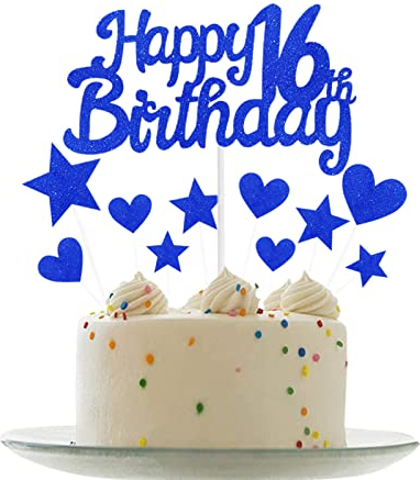 Personalised Happy 16th Birthday Cake Toppers Dark Blue Cake Decorations for Girls Boys 16th Birthday Cake Cupcake Topper, Glitter Cakes Decoration for 16 Birthday Anniversary Party Supplies
