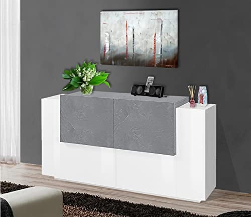 möbelando Sideboard Kommode Highboard Beistellschrank Anrichte Schrank Catania II Weiß Hochglanz/Schiefer Nachbildung