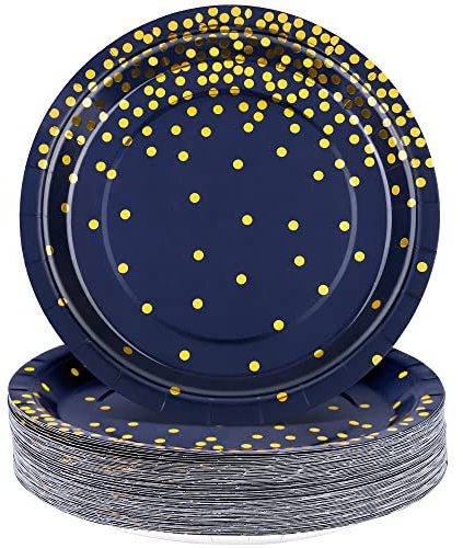 Aneco 60 Pieces 9 Inches Disposable Paper Plates Blue and Gold Foil Dot Dessert Plates Round Paper Plate for Wedding Bridal Shower Birthday Party Decorations