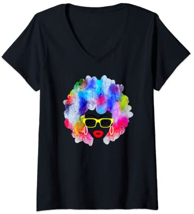 Damen Hipster-Brille, abstraktes Aquarell, Kunstdruck, Afro-Frau T-Shirt mit V-Ausschnitt