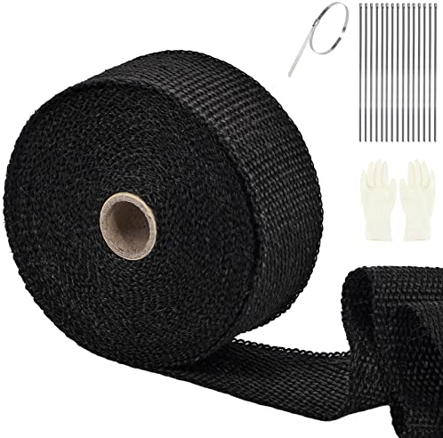 SOMLAW Hitzeschutzband 15M, Basaltfaser Hitzeschutzband Auspuff mit 15 Kabelbinder und Handschuhe, Auspuffband isoliert, für Motorrad Fächerkrümmer Krümmerband Thermoband (Schwarz)