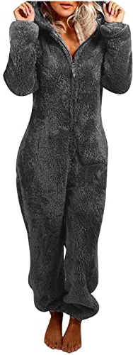 Jumpsuit Damen Teddy Fleece Einteiler Overall Anzug Flauschig Schlafanzug Winter Warm Onesie Plüsch Kuschelig Overall Hausanzug Lang Schlafoverall Weich Pyjama Schlafanzug mit Kapuze S-5XL