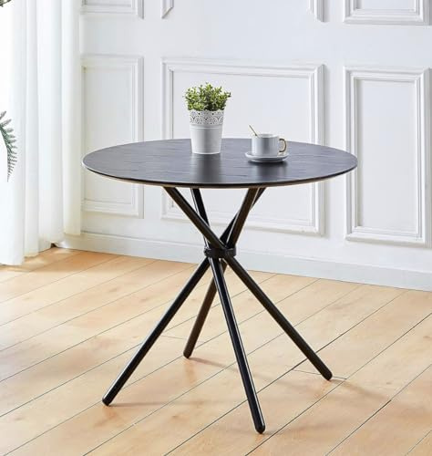 Hallowood Furniture Cullompton Small Wooden Effect Black Dining Table, 90cm | Modern Round Marble Dining Table with Black Cross Metal Legs for Dining Rooms, Balcony, Kitchens, Lounges and Café Use (90cm)
