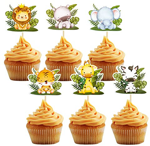Lot de 36 décorations de cupcakes sur le thème de la jungle - Animaux de la forêt - Décorations de fête d'anniversaire sur le thème des animaux de la jungle - Fournitures de fête prénatale
