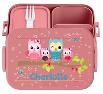 wolga-kreativ Personalisierte Kinder-Bento-Brotdose rosa mit Eulen-Motiv und 3 Fächern - mit Besteck und Unterteilung - Geschenk zur Einschulung, für Schule und Kindergarten