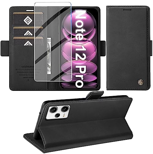 Giyer Handyhülle für Xiaomi Redmi Note 12 Pro 5G Hülle mit Schutzfolie, Schutzhülle PU Leder Wallet Flip Case Ständer Kartenfach Klapphülle (Schwarz)