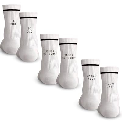 Made by Nami 3er Set Weiße Tennissocken mit Sprüchen aus Baumwolle Herren & Damen Lustige Socken Atmungsaktiv Crew Socks (DE/NL/SE/PL, Numerisch, 41, 45, Regular, Regular)