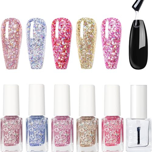 Glitter Nail Polish Set - Sparkly Reflective Glitter Nail Varnish Kit - 5 Colors - Quick-Dry, No Baking Needed for DIY Nail Art Gift Sets