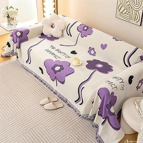 Mesnt Sofaüberwurf, Lila Sofaüberwurf Decke Couch mit Blumen mit englischem Aufdruck The Beauty of Imperfect aus Chenille, 180x260CM