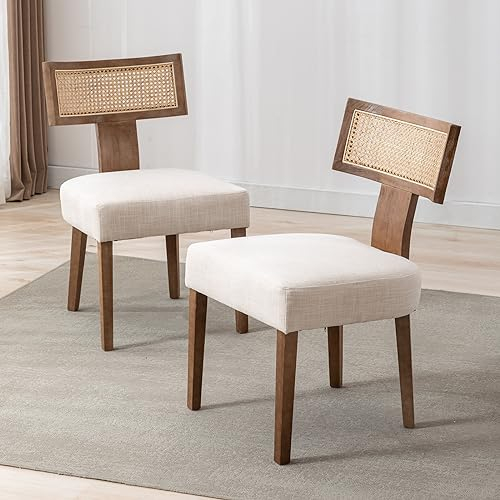 Wahson Esszimmerstühle 2er Set Leinen Küchenstuhl Rattan geflochtene Rückenlehne, Vintage Polsterstuhl für Esszimmer/Küche/Wohnzimmer,Beige