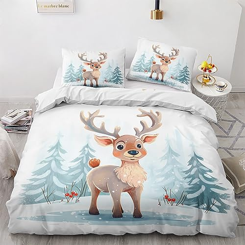 GEDAEUBA Winter Bettwäsche 200x200 Weihnachten - Kinder Rentier Bettbezug 200x200cm 3 teilig, Wendebettwäsche und Kissenbezug 80x80, Weiche & Angenehme Mikrofaser Bettwäsche-Sets mit Reißverschluss