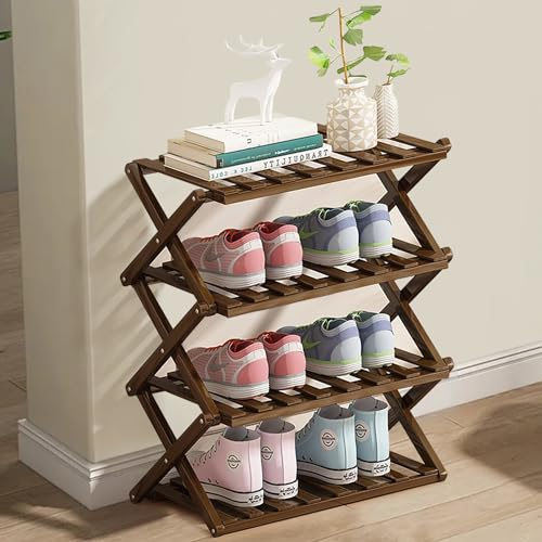 FEUFOAM Bambus Schrank Schuhregal Falten Freistehende Schuh Aufbewahrungsregale 4-Schichten Multifunktionale Schuh Regal Organizer für Eingang Flur Wohnzimmer Tür