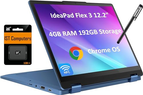 Lenovo Flex 3 3i 2-in-1 Chromebook (12.2 FHD+ Touchscreen, Intel N100, 4GB DDR5 RAM, 192GB (64GB eMMC + 128GB SD Card)) Student & Education Laptop, Webcam, NFC, HDMI, USB-C, IST Pen, Chrome OS, Blue