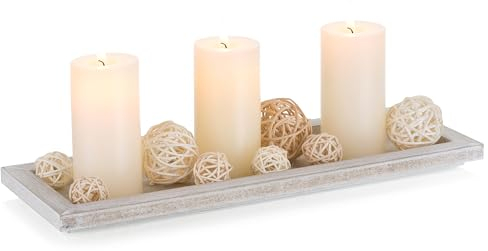 Romadedi Rechteckig Holztablett Tablett Deko:Länglich Holz Dekotablett Vintage Kerzentablett Holzschale für Kerzen Tisch Centerpiece Tischdeko Zuhause Couchtisch Küche Wohnzimmer Dekorative, 34.5cm