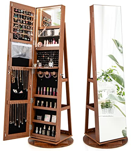 RELAX4LIFE Schmuckschrank mit 2 Spiegeln, 3 in 1 Spiegelschrank mit 3 farbigen LEDs, 360° Drehbar & Abschließbar, Schmuckorganizer mit 3 Regalen (Braun)