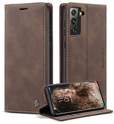 Cracedily Handyhülle für Samsung Galaxy S21 Hülle, Klapphülle Premium Lederhülle Klappbar Flip Case Tasche Magnet Kartenfach Standfunktion Klapphülle Schutzhülle für Galaxy S21 5G Handyhülle, Kaffee