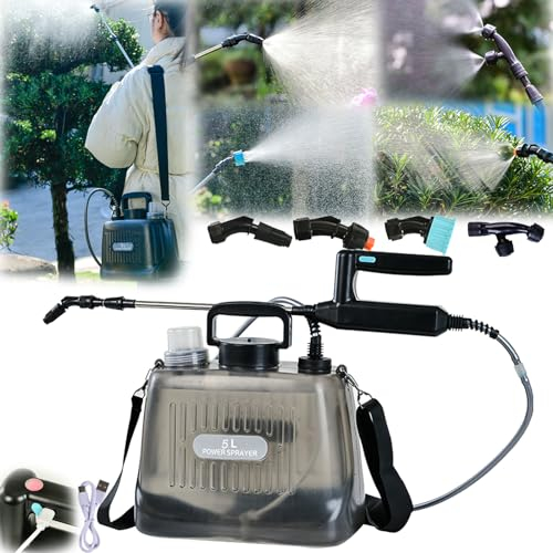 Pulverizador Presión, 5L Batería Pulverizador Jardín con Lanza 4 Boquillas Pulverización Ajustables Pulverizador Mochila con Batería 2400Mah Bomba Automática Lanza Telescópica Tanque Transparente