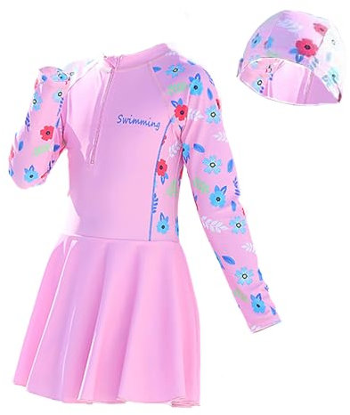 NautySaurs Girls Swimming Costume Long Sleeve One-Piece Swimsuit with Skirt Big Kids Swimwear with Swimming Cap (Pink, 11-12 Years)
