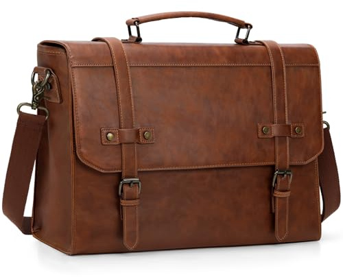 RAINSMORE Mens Messenger Bag 17 Inch Waterproof Vintage Leather Laptop Briefcase Large Laptop Bag Satchel Bag Computer Shoulder Bag for Office Business Travel College,Brown
