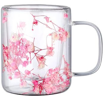Geteawily Bicchieri d'acqua in vetro | 250 ml di fiori secchi resistenti al calore, tazza in vetro con fiori, bicchieri estetici per latte, tè, succhi di vino
