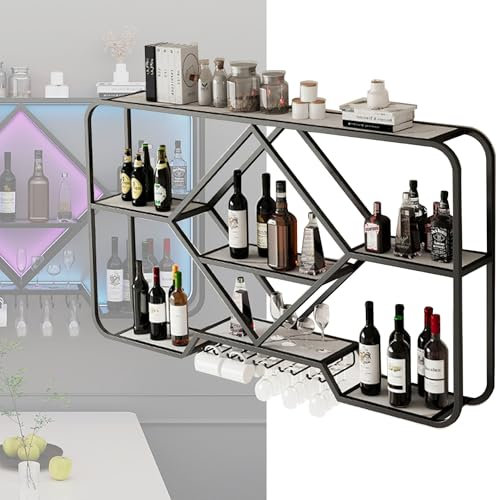 Botellero Vino Pared Vinoteca Mueble Bar Garrafeira Mini Bar Wine Rack con Luz LED Mueble Comedor Cocina con Soporte Copas Colgante para Barra para Bar Cocina Despensa Bodega(Nero,140cm(55.11in))