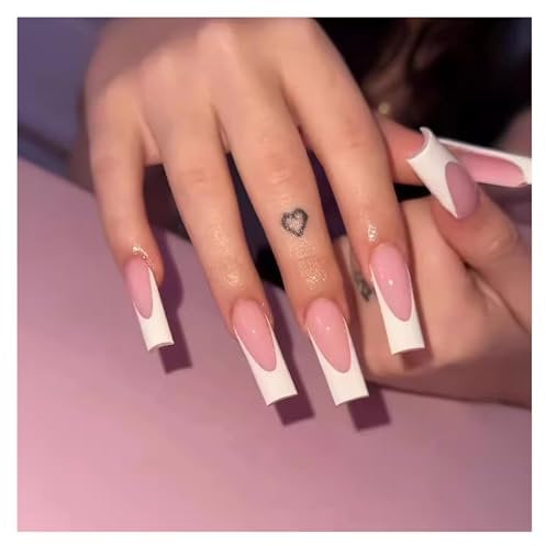 24PCS Long Square French False Nails with French Tip, Matte Nude White Full Cover Fake Nails. Includes Jelly Glue for Easy Application. Perfect for Women & Girls' Nail Art