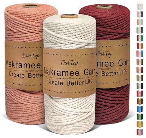 OurTop Premium Makramee Garn 3er Set, 3mm x 100m Macrame Cord Makramee Schnur Makramee Kordel, Garn für DIY Handwerk, Weben Dekoration, Hängepflanze Pflanze Aufhänger(Natur, Rosenholz, Burgunder)