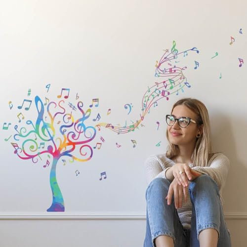 SUPERDANT Wandsticker Mit Musikbäumen Wandaufkleber In Aquarellfarbe Musik Vinyl Wandsticker Musiknoten Selbstklebende Wandtattoo DIY Bunte Kunstdekorationen Für Schlafzimmer Wohnzimmer Musikzimmer