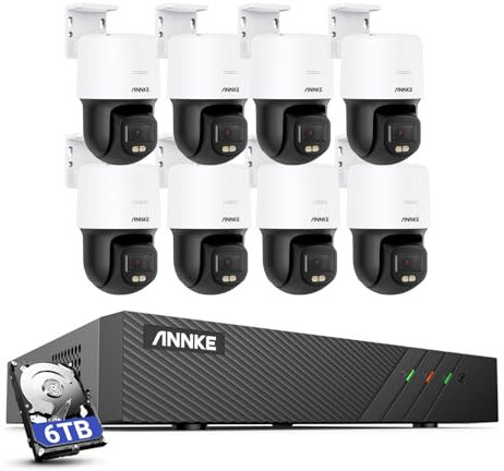 ANNKE 3K PT POE Überwachungskamera Set Außen, 8X IP Kamera mit 2-Wege-Audio, 340°-Schwenk-110°-Neigung, Bewegungserkenung, F.10-Ture-Farbnachtsicht, Fernzugriff, 8CH H.265+ NVR mit 6TB Festplatten