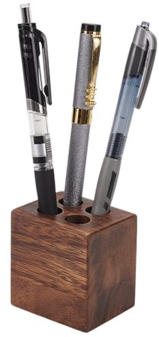 MAYJOYDIY Cuboid Wooden Walnut Pen Holder with 4 Round Holes Stylish Vintage Desk Organizer Pencil Holder Fountain Pen Tray for Home Office Classroom Desktop Stationery Accessories