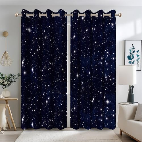 Ttincceer Galaxy Starry Night Blackout Vorhänge für Kinder Schlafzimmer Dunkelblau Außenraum Universum Raum Verdunkelung Fenster Vorhänge Hitze Blocking 2 Panel 117x183cm