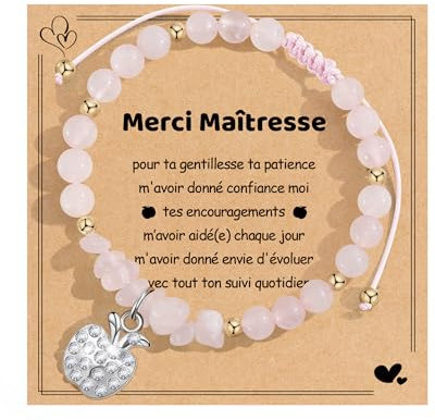 YELUWA Cadeau Maitresse d'école, Merci Cadeau Maitresse Bracelet Fin d'année, Cadeaux Professeur Retraite Cadeaux Femme, Maîtresse Bracelet Femme Pierre Naturelle Collègues Enseignant - Quartz Rose