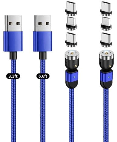 Magnetic Charging Cable [2-Pack 3.3ft+6.6ft ] 3 in 1 Magnet Phone Charger Cable 360°&180° Rotating USB Cable with LED Light Magnetic Charger Cable for Micro USB Type C Phone Nylon-Braided Cords