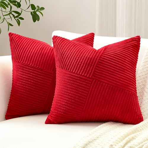 Sungeek 2er Set Cord Kissenbezüge, Windmühle Streifen Muster Kordsamt Kissenbezug Dekokissen Sofakissen Patchwork Design Deko Zierkissenbezüge Kissenhülle für Wohnzimmer (45x45cm, Rot)