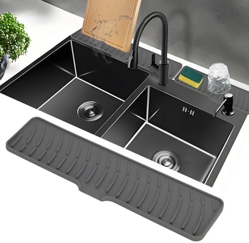 JNCST 2-Pack Silicone Draining Mats Set (42 * 10cm x 2) - Dual-Zone Narrow Splash Guard & Faucet Drip Catcher Tray Anti-Slip Draining Mat Protector for Kitchen & Bathroom Sinks (Grey)