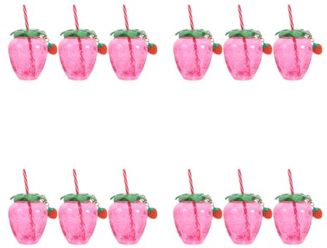 Healifty 12pcs 17Oz Strawberry Cups with Straw Lid Cute Pendant Reusable Water Drinking Mug Portable Milk Tea Juice Beverage Bottle for Girls Women Hawaiian Party Summer Beach Decor 500ml