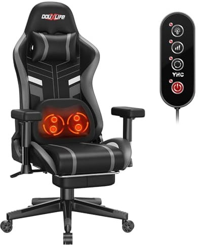 Douxlife Sedia da Gaming Ergonomica con Massaggio e Riscaldamento | Poltrona Reclinabile 90°-175° con Poggiapiedi, Massaggio a Impasto, Braccioli 2D, Portata 180 kg, Grigio