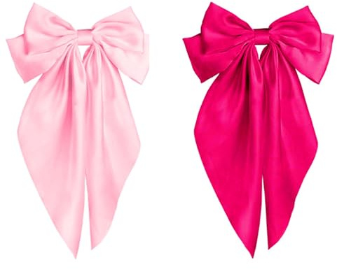 ZOONAI 2Pcs Big Satin Layered Hair Clip for Women Girls, Large Long Bow Hair Clip Bowknot Hairpin Hair Accessories (Pink Rose)
