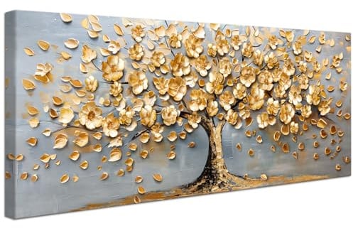 Groß Leinwand Bilder Mit Rahmen Abstrakter Baum des Lebens Leinwandbilder Goldene Blumen Blätter Bilder auf Leinwand Malerei Wandposter Wandbilder Wohnzimmer Schlafzimmer Esszimmer Wanddekor 50x120cm