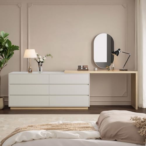 L-Shaped 6-Drawer Dressing Table with Extending Desk, White Oak | L-shaped dresser-desk combo with rotatable desktop; extends and rotates left or right to fit any corner layout perfectly.