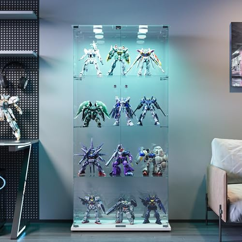 HYNHXBP Vitrine en Verre 163x78.5x35 cm à 4 Étagères 2 Porte, Vitrine sur Pied avec LED, Armoire de Collection Moderne pour Salon,Chambre à Coucher, Bureau (Blanc + Portes Doubles + lumières de Pat)