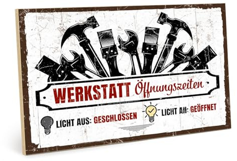 TypeStoff Holzschild mit Spruch - Werkstatt Öffnungszeiten - im Vintage-Look mit Zitat als Geschenk und Dekoration zum Thema Handwerk und Hobby - HS-01564