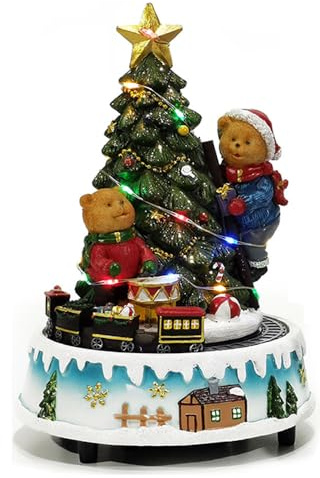 COSE DA CASA Giostra Carillon Natalizia con Luci Suoni Trenino in Movimento Villaggio Albero con Stella Oro Orsetti H.21,5 cm Decorazione Natale in Scatola Regalo