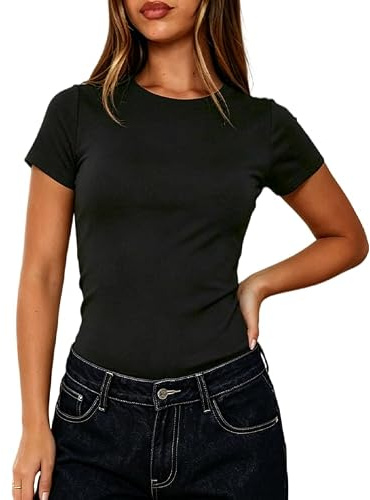 BONITEE Women Summer Ribbed Basic Tops Casual Short Sleeve T-Shirts 2026 Trendy Slim Fit Knit Tank Shirts Classic Tees Top