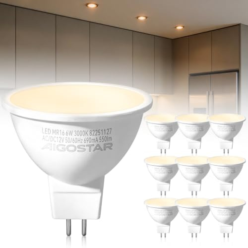 Aigostar MR16 Bombilla LED GU5.3 6W=45W,luz calida 3000K, 550 Lumen, AC/DC 12V, Ángulo de visión 100°, No regulable, 10 unidades