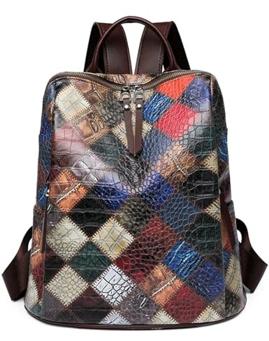 Damen Leder Rucksack Patchwork Vintage Rucksack Damen Lederrucksack Reiserucksäcke Schultaschen for Mädchen im Teenageralter