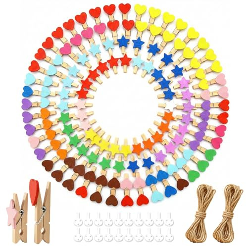 Katyjun 100 Stück Bunte Holzklammern (50 Herz & 50 Stern) mit 20m Juteschnur, Mini Wäscheklammern für Fotos, Deko & Hochzeiten