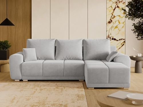 GRAINGOLD Monti Ecksofa mit Schlaffunktion und Bettfunktion, 290x188 cm, L-Form Sofa, Schlafcouch für Wohnzimmer, Veloursstoff, 3-Sitzer Eckcouch, Ecksofa mit Stauraum (Grau, Rechts)