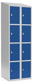 kaiserkraft | 4er-Schließfachschrank Fydor | 2 Abteile | lichtGrau/Enzianblau | B 600 mm | schräge Dachform | Vorhängeschloss